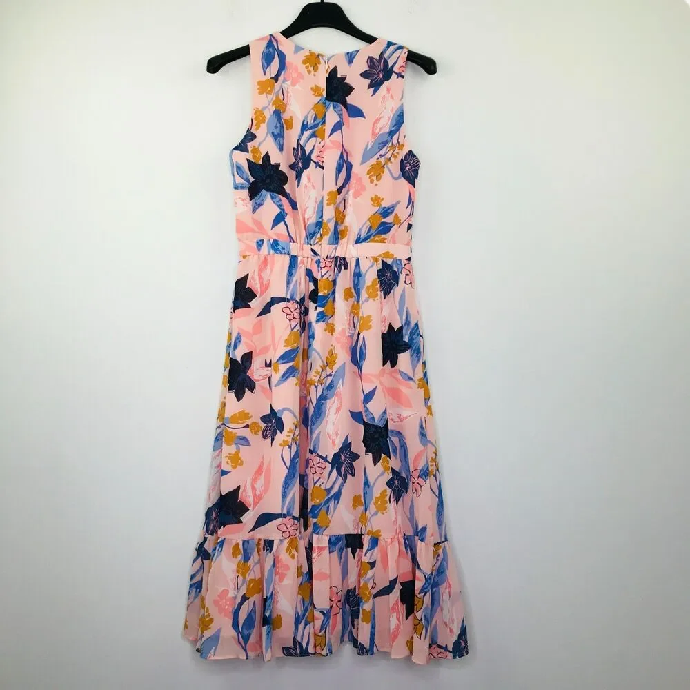 J Crew Women's 0 Dress Pink Blue Floral Sleeveless Crinkle Tiered Midi BW22